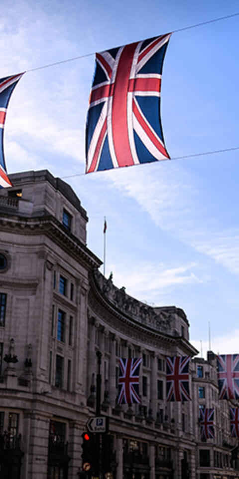 Union Flags hang above Regent Street, as part of the preparations for the wedding of Prince Harry and Meghan Markle, on May 11, 2018 in London, England.