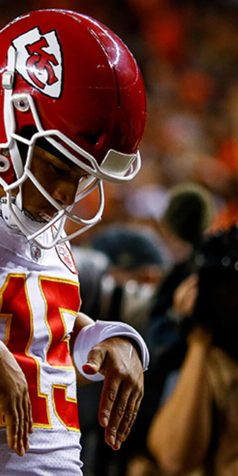 Quarterback Patrick Mahomes #15 of the Kansas City Chiefs celebrates after his second-quarter rushing touchdown, the first of his NFL career, against the Denver Broncos at Broncos Stadium at Mile High on October 1, 2018 in Denver, Colorado.