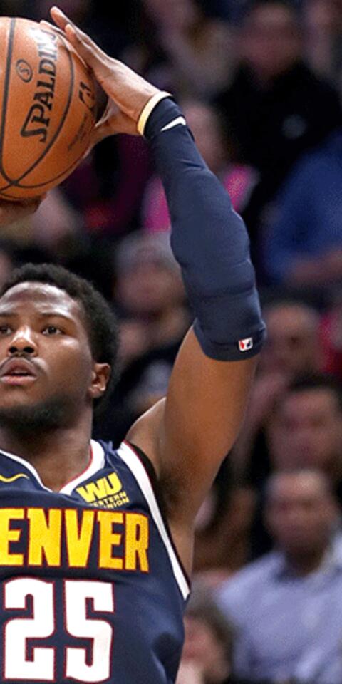 Malik Beasley #25 of the Denver Nuggets puts up a three point shot against the Miami Heat in the fourth quarter at the Pepsi Center on February 11, 2019 in Denver, Colorado.