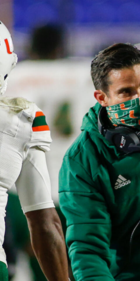 D'Eriq King runs to the Miami sideline after throwing a touchdown pass