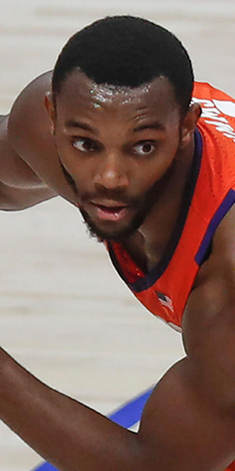 Clemson's Aamir Simms plays against Pittsburgh during an NCAA college basketball game on Feb. 12, 2020, in Pittsburgh.